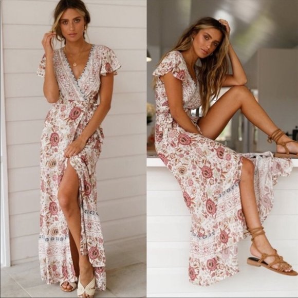 Dresses & Skirts - Bohemian Floral Tribal Print Maxi Wrap Dress pink